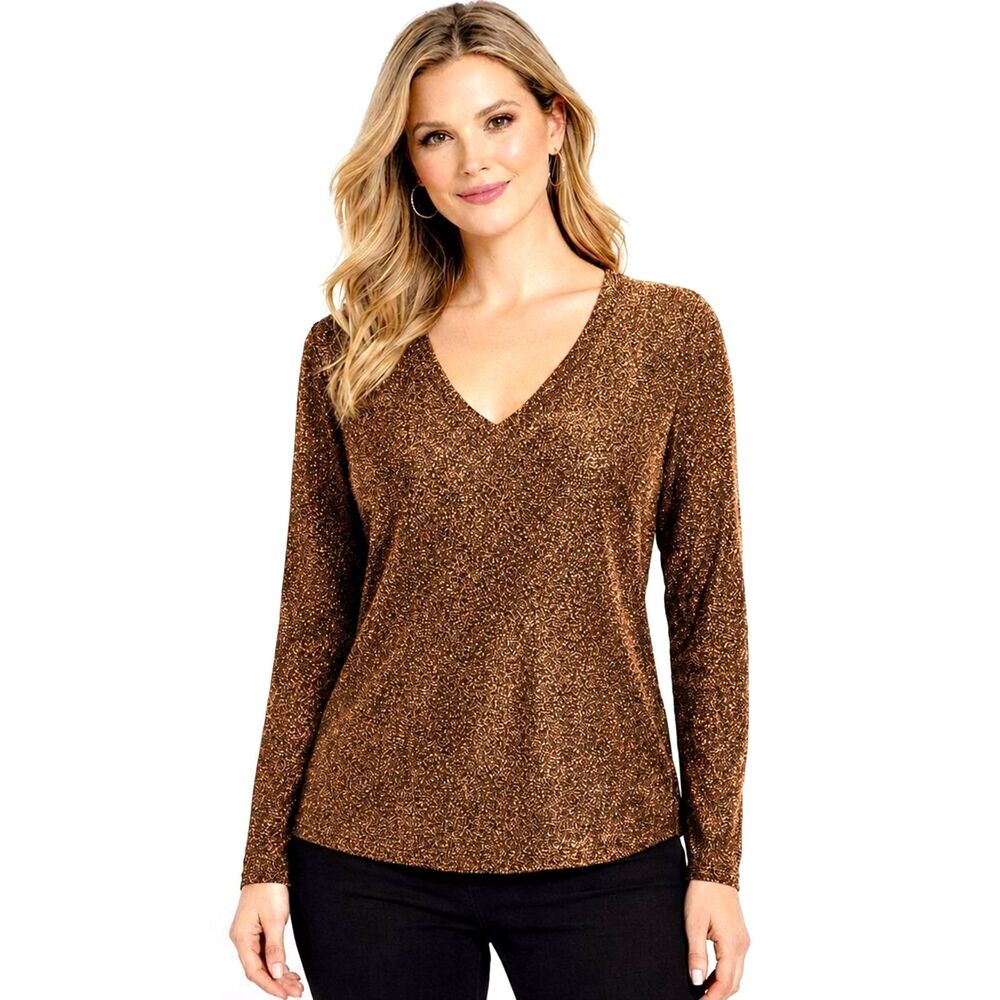 WHBM Sparkle Knit Top Size Large Antique Bronze Long Sleeve